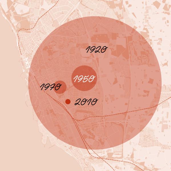 Karta över Helsingborg som visar hur barns möjligheter till Lek i staden har begränsats geografiskt genom tid.