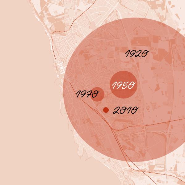 En karta över Helsingborg som visar hur barns utrymme för lek har begränsats geografiskt över tid.