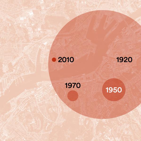 Karta över Göteborg som visar hur barns möjligheter till Lek i staden har begränsats geografiskt genom tid.